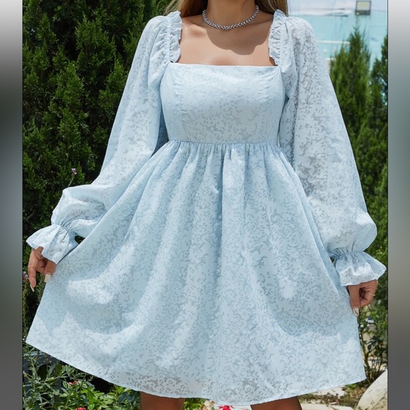 Light Blue Puff Sleeve Mini Dress - Picture 3 of 5